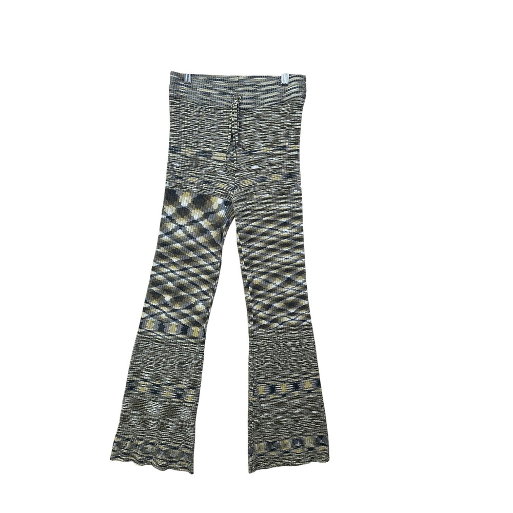 Isalis Knit Pants Women's Small Bell Bottom High Waist Olive Green Pattern